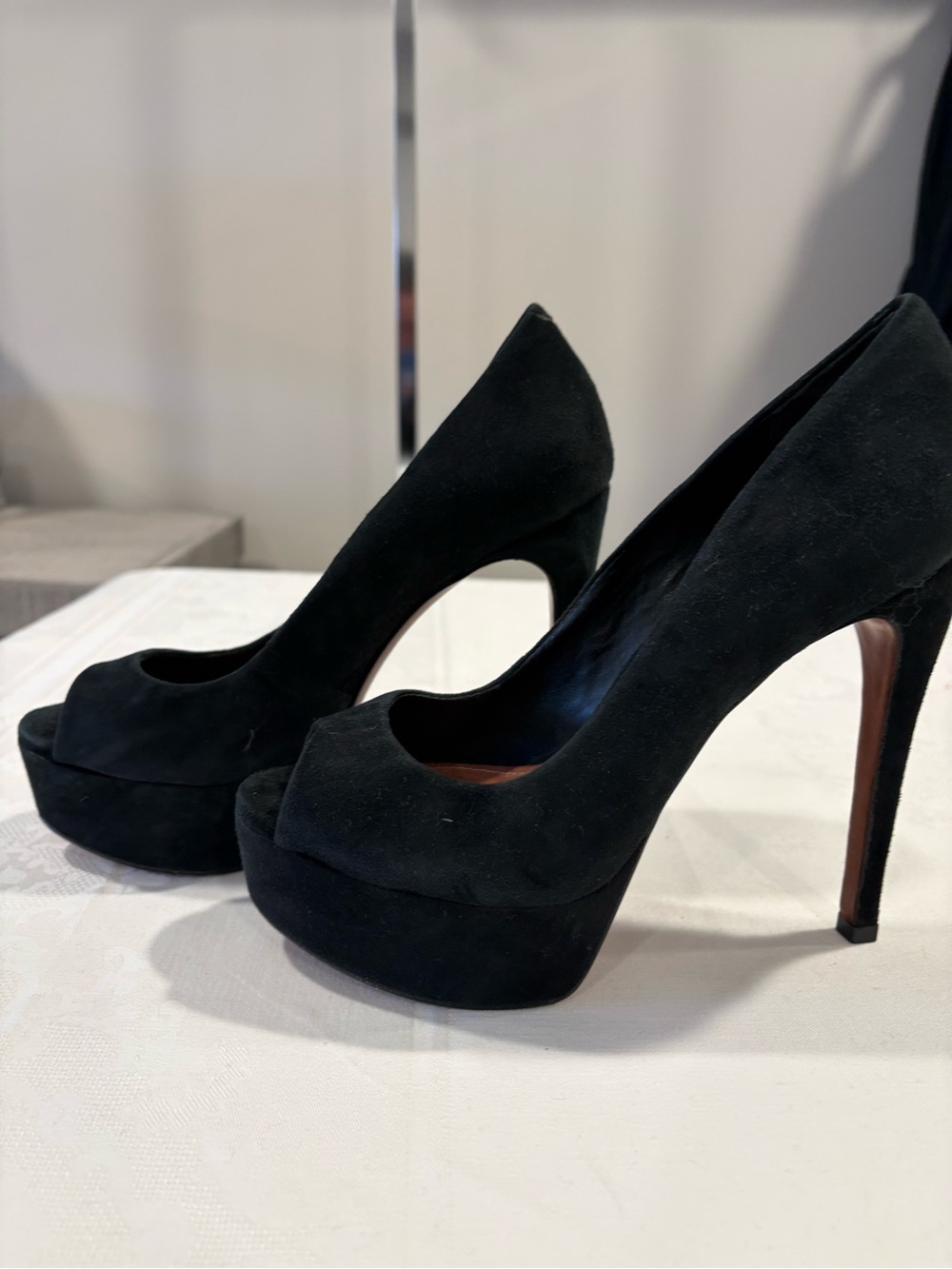 SCHUTZ Black Suede Platform Peep-Toe Pumps